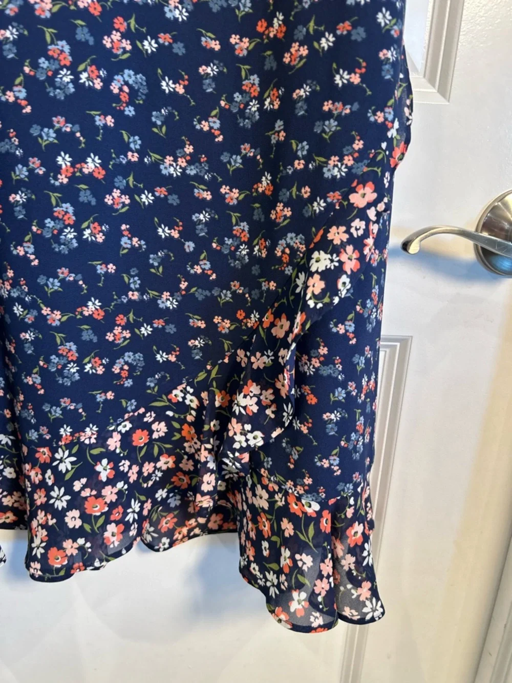 Michael Kors Navy‎ Floral Georgette Slip Dress with Ruffle Trim Size Small